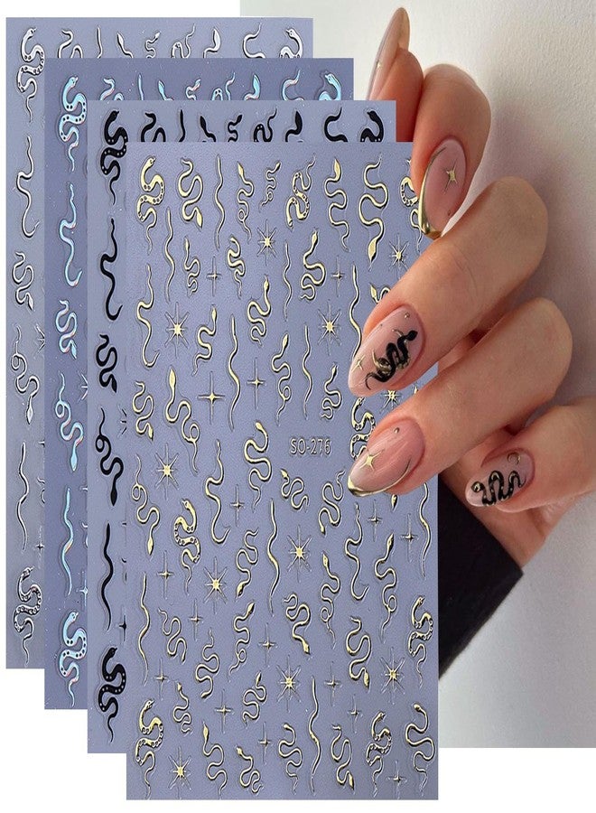 BSBTBZ 4Pcs Snake Nail Stickers 3D Snake Nail Decals Self-Adhesive Nail Design Supplies Gold Silver Black Laser Metallic Snake Star Line Holographic Metallic Acrylic Nail Charms French Manicure Decorations - Image 1